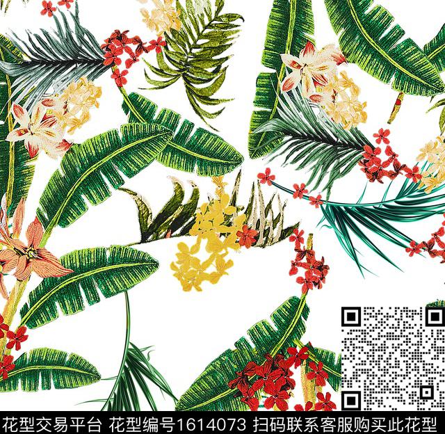 花卉热带华亿平台棕榈叶数码印花华亿平台下载（图片编号: 1614073） - 瓦栏（Walan）