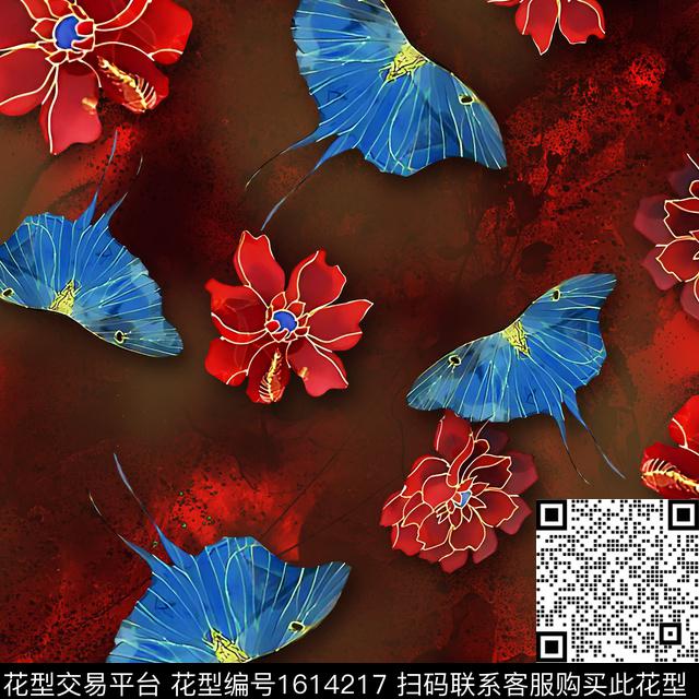 花卉抽象蝴蝶数码印花华亿平台下载（图片编号: 1614217） - 瓦栏（Walan）