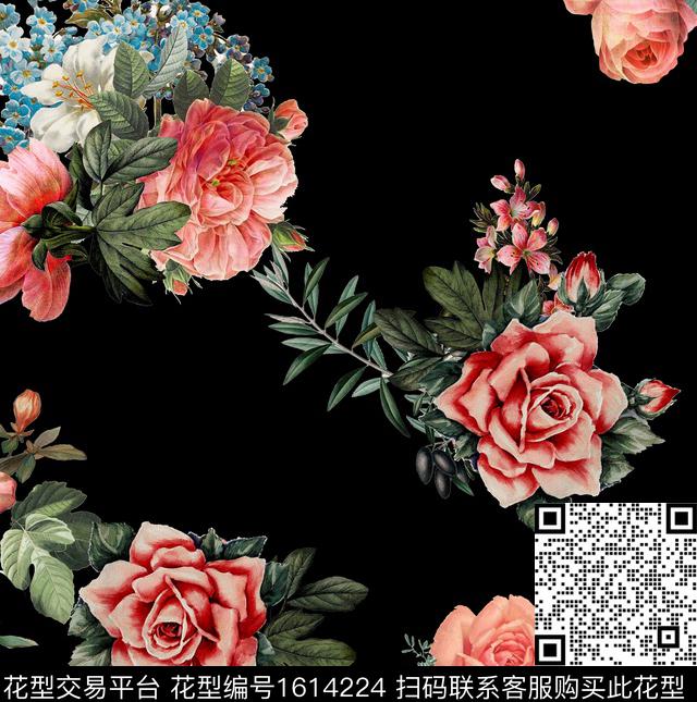 花卉复古黑底花卉数码印花华亿平台下载（图片编号: 1614224） - 瓦栏（Walan）