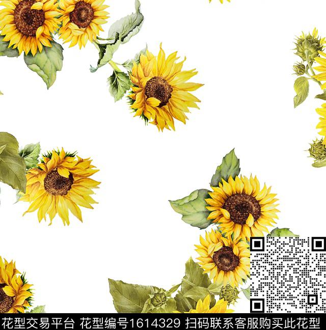 向日葵花卉清爽底花卉数码印花华亿平台下载（图片编号: 1614329） - 瓦栏（Walan）