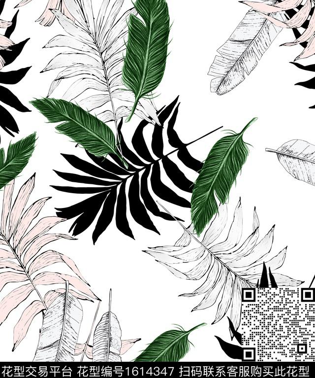 羽毛棕榈叶热带华亿平台数码印花华亿平台下载（图片编号: 1614347） - 瓦栏（Walan）