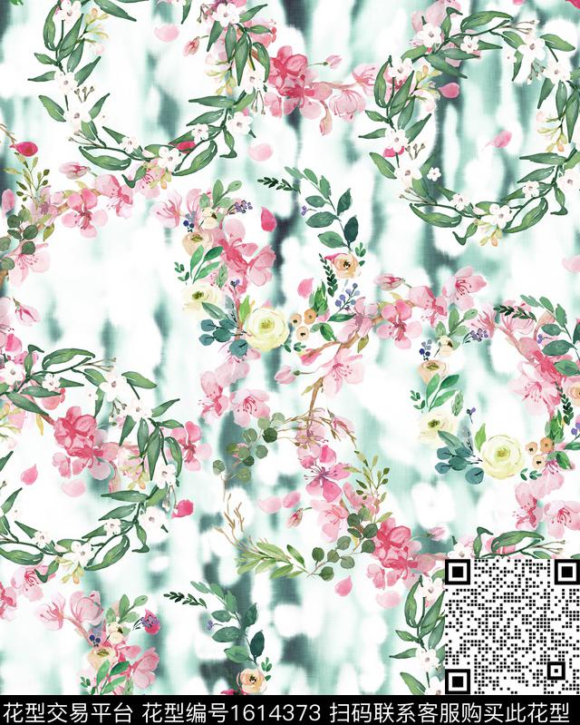 花卉花环水彩花卉数码印花华亿平台下载（图片编号: 1614373） - 瓦栏（Walan）