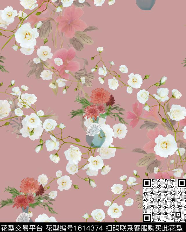 水彩花卉水墨风牡丹数码印花华亿平台下载（图片编号: 1614374） - 瓦栏（Walan）