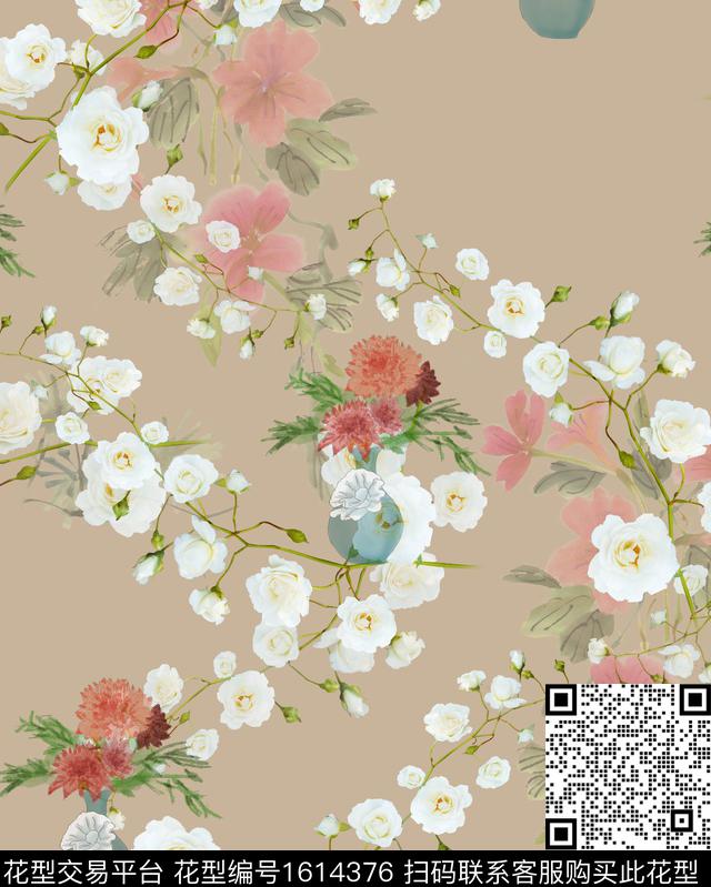 花卉复古中国风数码印花华亿平台下载（图片编号: 1614376） - 瓦栏（Walan）