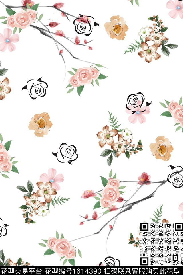 花卉清爽底花卉手绘花卉数码印花华亿平台下载（图片编号: 1614390） - 瓦栏（Walan）