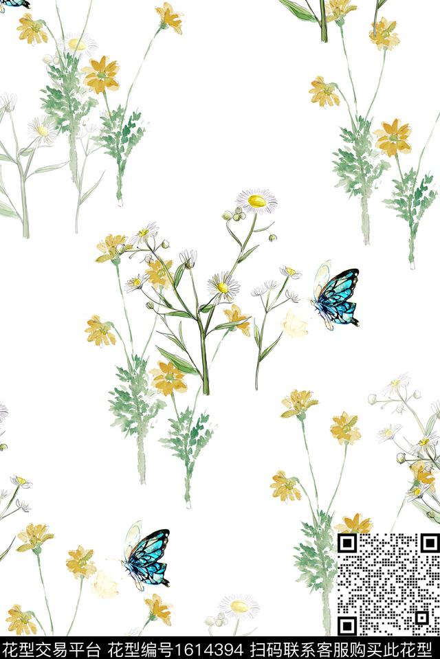 小清新蝴蝶清爽底花卉数码印花华亿平台下载（图片编号: 1614394） - 瓦栏（Walan）