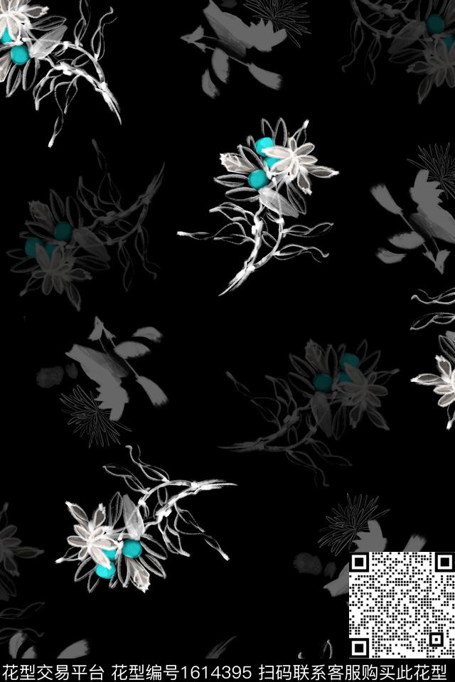 花卉抽象花卉水墨风数码印花华亿平台下载（图片编号: 1614395） - 瓦栏（Walan）
