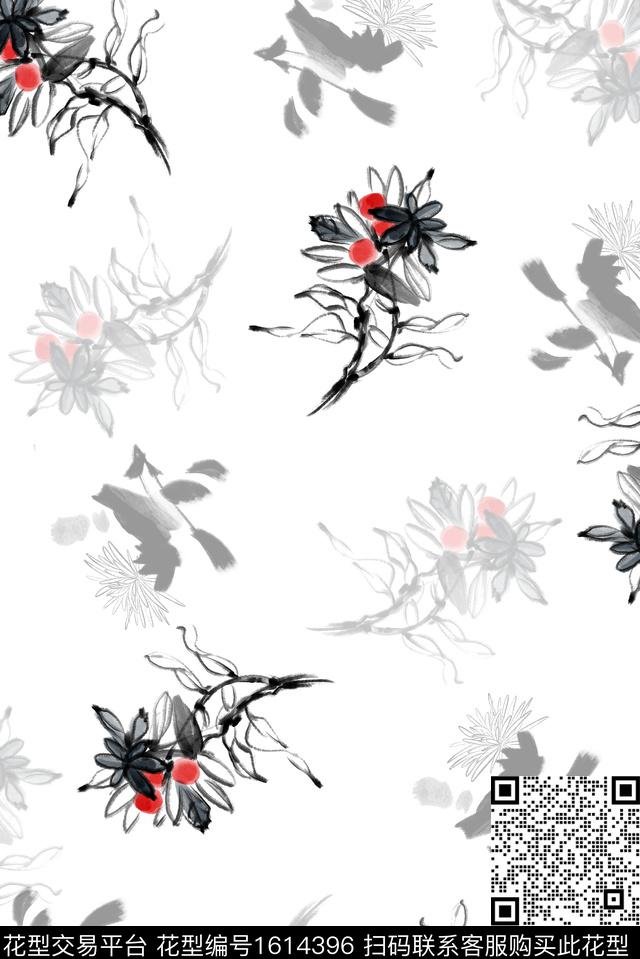 花卉抽象花卉水墨风数码印花华亿平台下载（图片编号: 1614396） - 瓦栏（Walan）