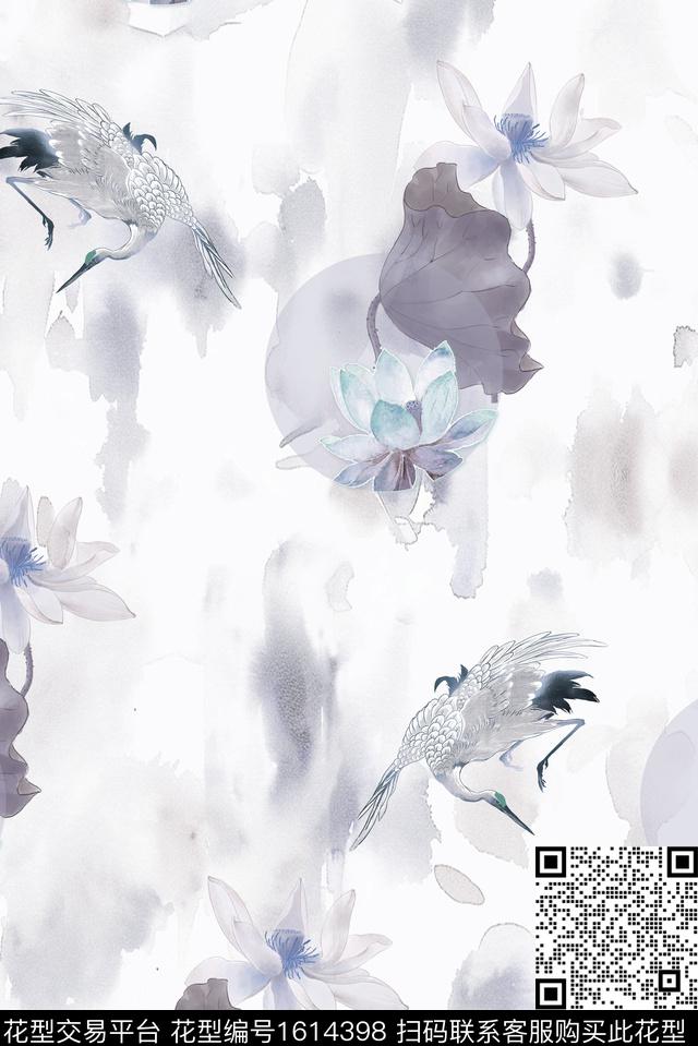 晕染肌理民族风仙鹤数码印花华亿平台下载（图片编号: 1614398） - 瓦栏（Walan）