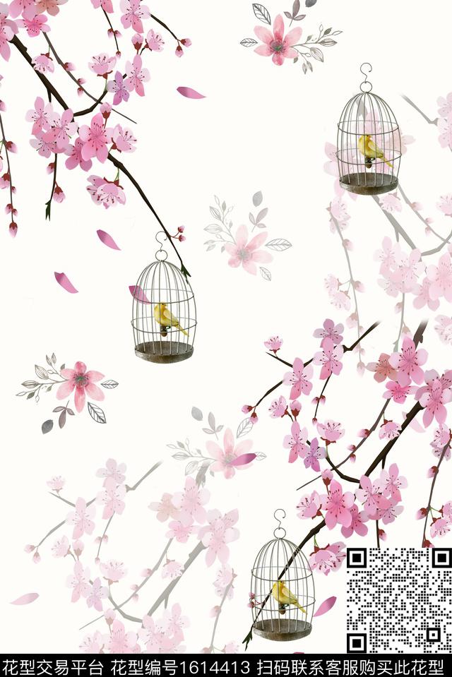 花卉枝条花鸟笼数码印花华亿平台下载（图片编号: 1614413） - 瓦栏（Walan）