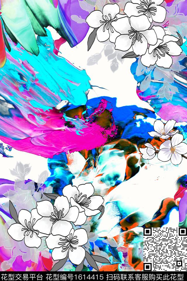 晕染肌理线条花卉笔触数码印花华亿平台下载（图片编号: 1614415） - 瓦栏（Walan）