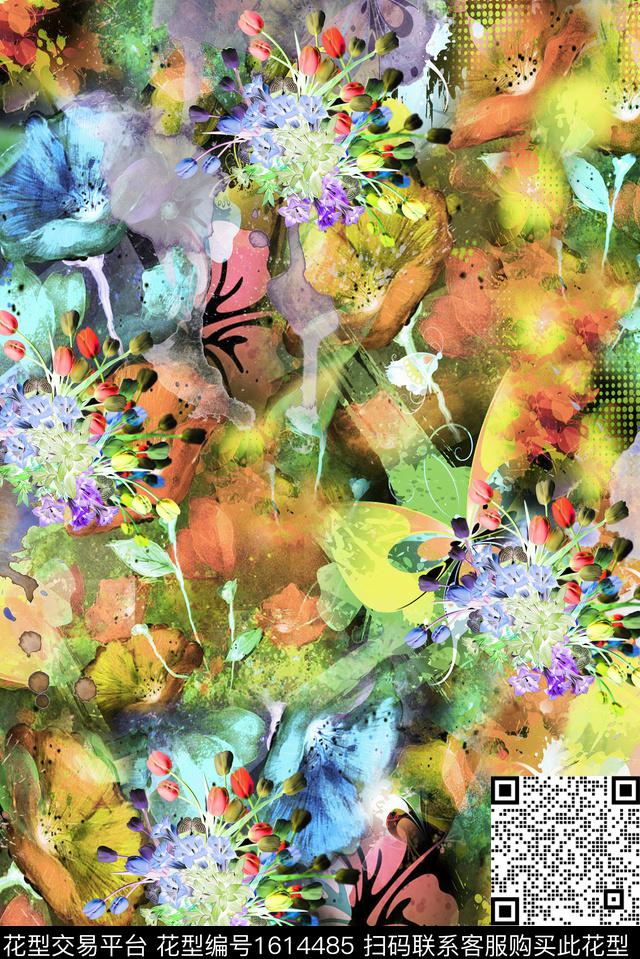 水彩满版散花花卉数码印花华亿平台下载（图片编号: 1614485） - 瓦栏（Walan）