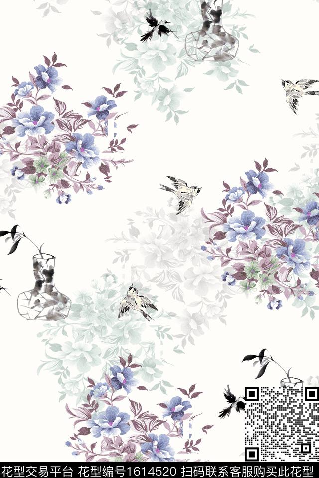小碎花水彩花卉水墨风数码印花华亿平台下载（图片编号: 1614520） - 瓦栏（Walan）