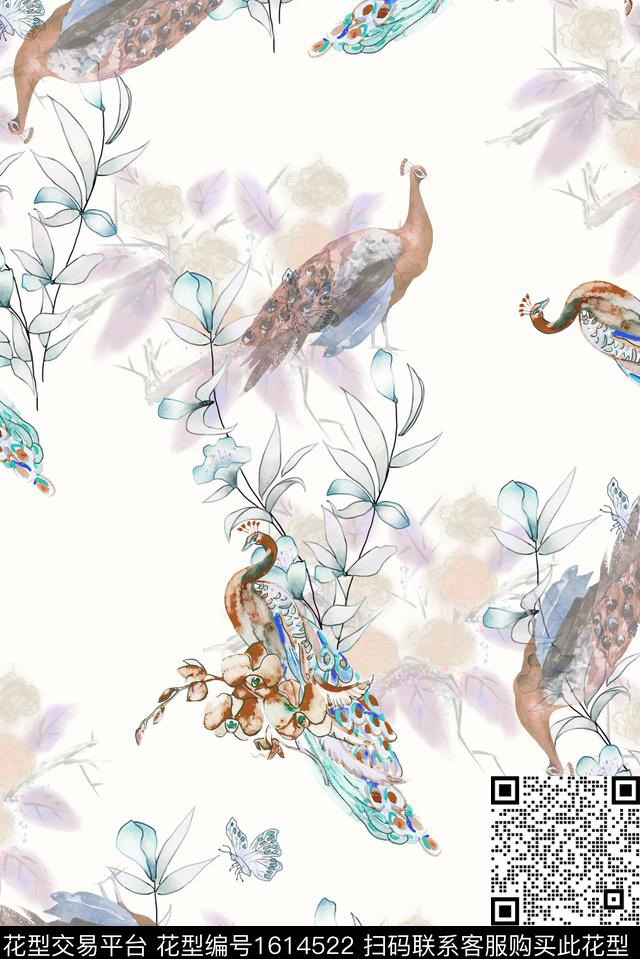 水彩孔雀花卉数码印花华亿平台下载（图片编号: 1614522） - 瓦栏（Walan）