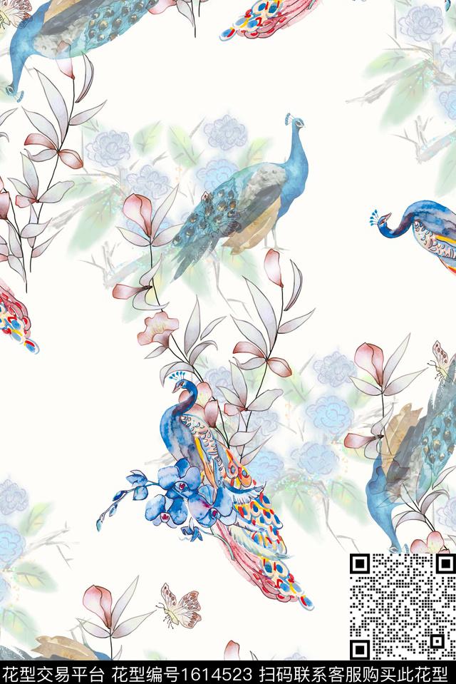 民族风孔雀水彩花卉数码印花华亿平台下载（图片编号: 1614523） - 瓦栏（Walan）