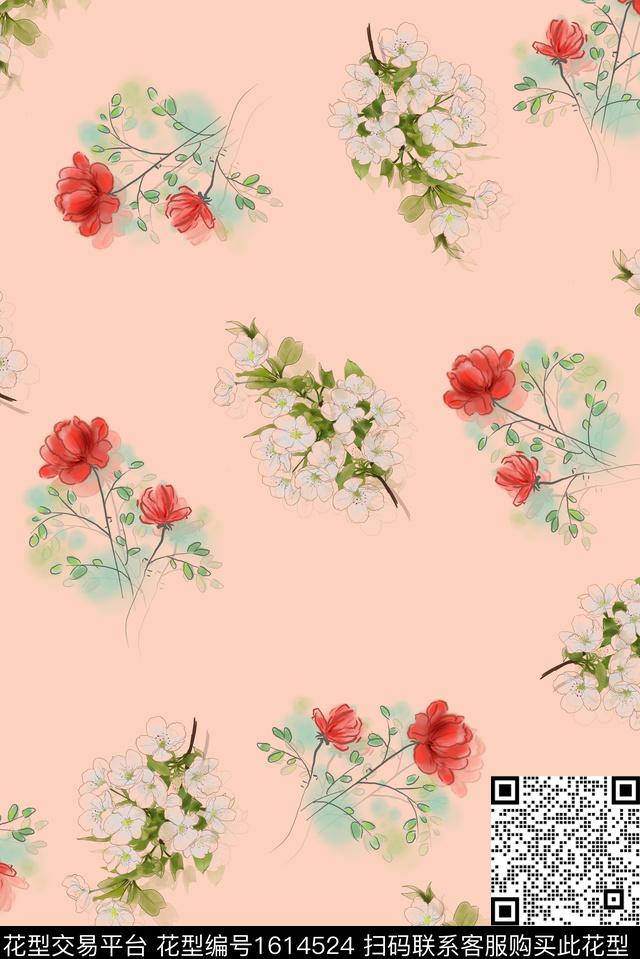 花卉手绘清爽底花卉数码印花华亿平台下载（图片编号: 1614524） - 瓦栏（Walan）