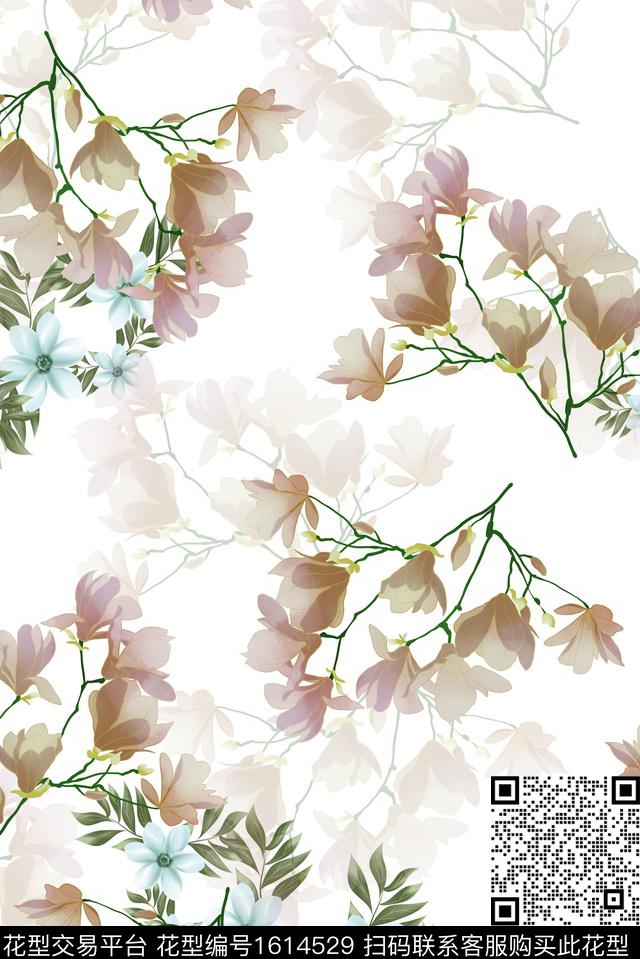 花卉影花手绘数码印花华亿平台下载（图片编号: 1614529） - 瓦栏（Walan）