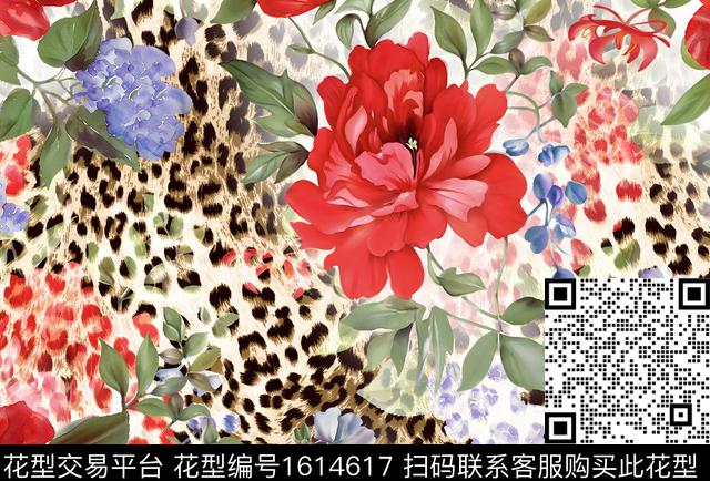 豹纹渐变花卉数码印花华亿平台下载（图片编号: 1614617） - 瓦栏（Walan）