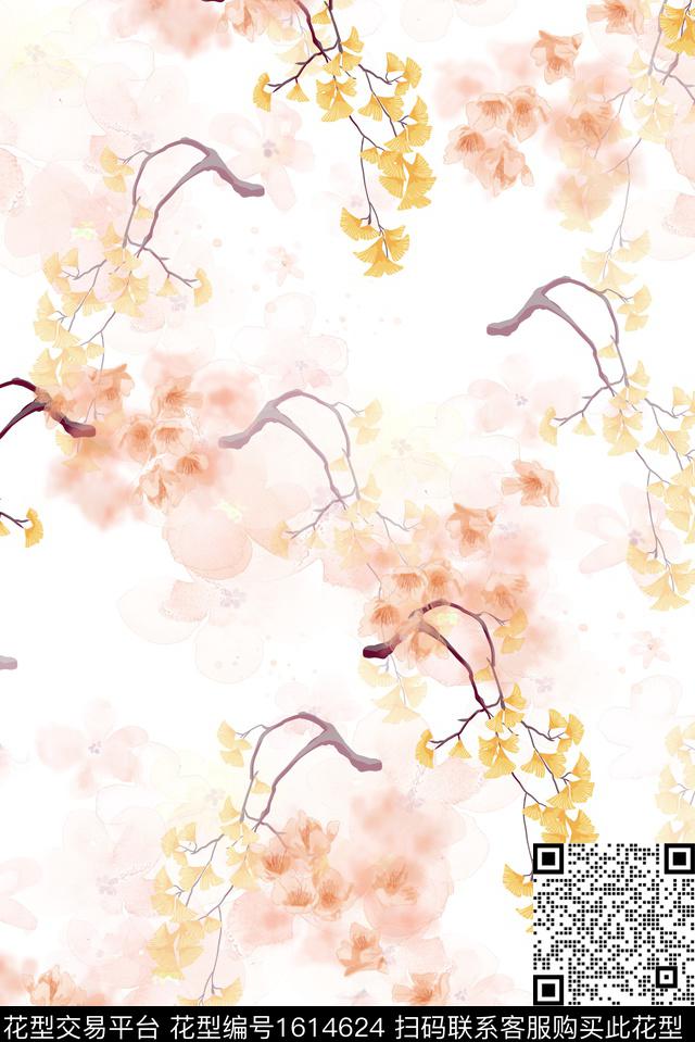 花卉枝条花水彩花卉数码印花华亿平台下载（图片编号: 1614624） - 瓦栏（Walan）