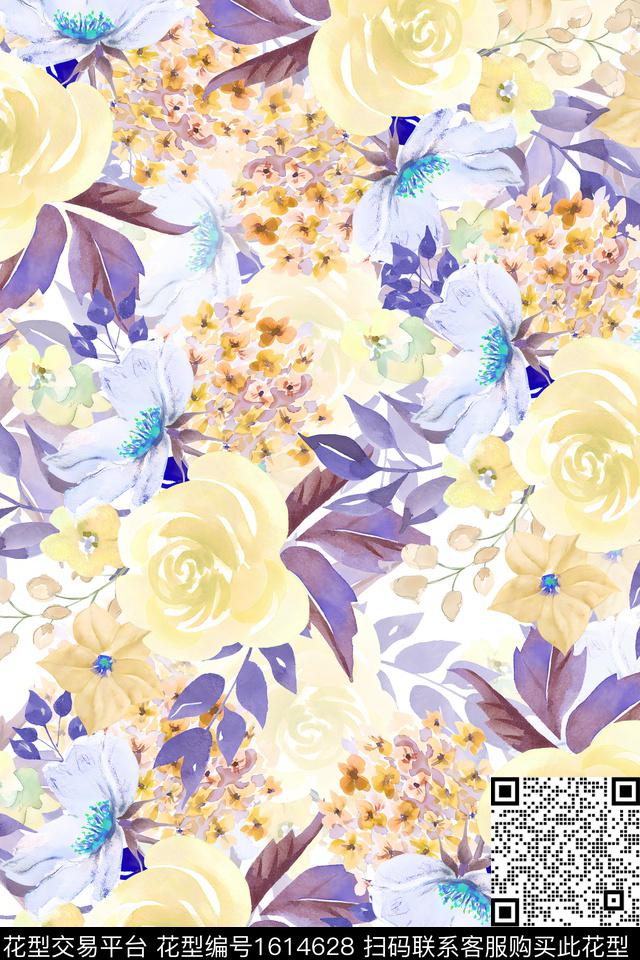 花卉水彩花卉满版散花数码印花华亿平台下载（图片编号: 1614628） - 瓦栏（Walan）