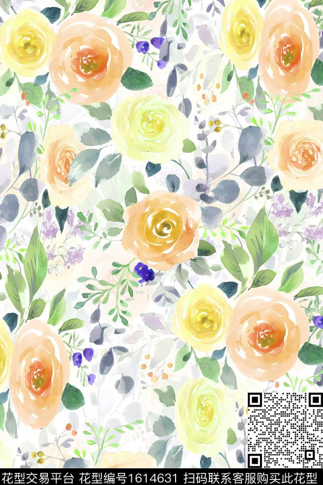 花卉水彩花卉满版散花数码印花华亿平台下载（图片编号: 1614631） - 瓦栏（Walan）