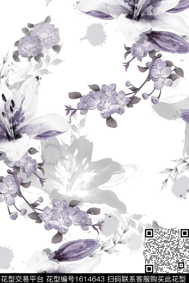 晕染肌理百合水彩花卉数码印花华亿平台下载（图片编号: 1614643） - 瓦栏（Walan）