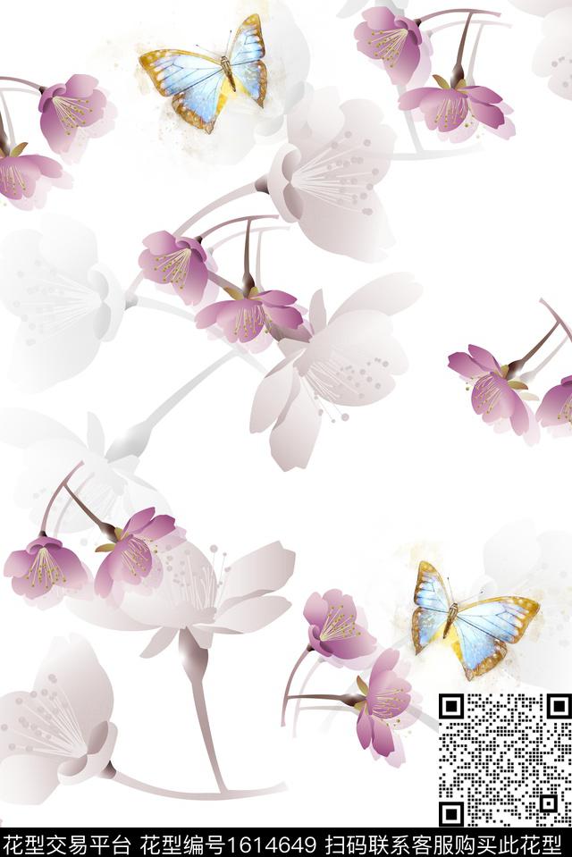 花卉蝴蝶影花数码印花华亿平台下载（图片编号: 1614649） - 瓦栏（Walan）