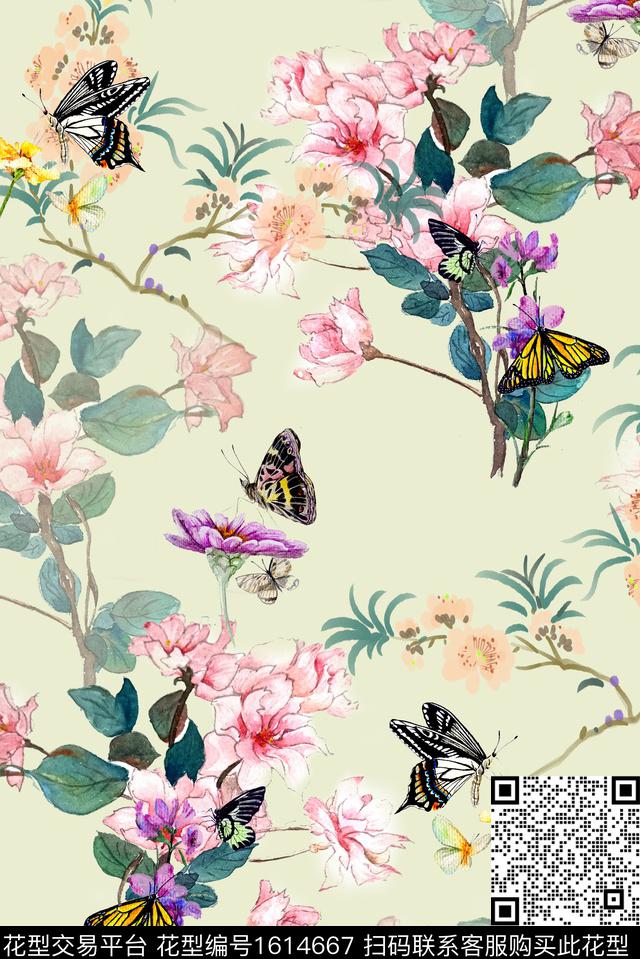 花卉蝴蝶影花数码印花华亿平台下载（图片编号: 1614667） - 瓦栏（Walan）