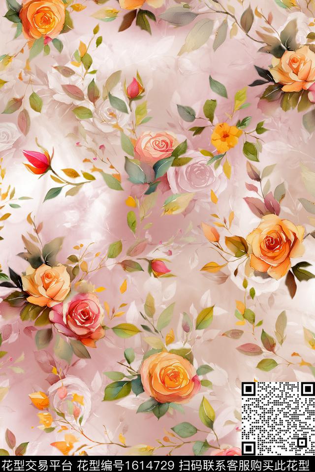 花卉手绘影花数码印花华亿平台下载（图片编号: 1614729） - 瓦栏（Walan）