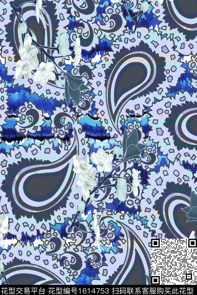 晕染肌理民族风水彩花卉数码印花华亿平台下载（图片编号: 1614753） - 瓦栏（Walan）