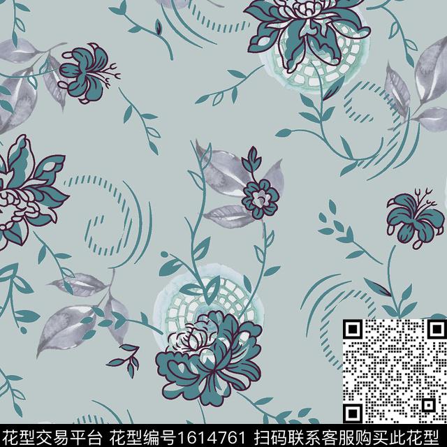 花卉线条花卉手绘数码印花华亿平台下载（图片编号: 1614761） - 瓦栏（Walan）