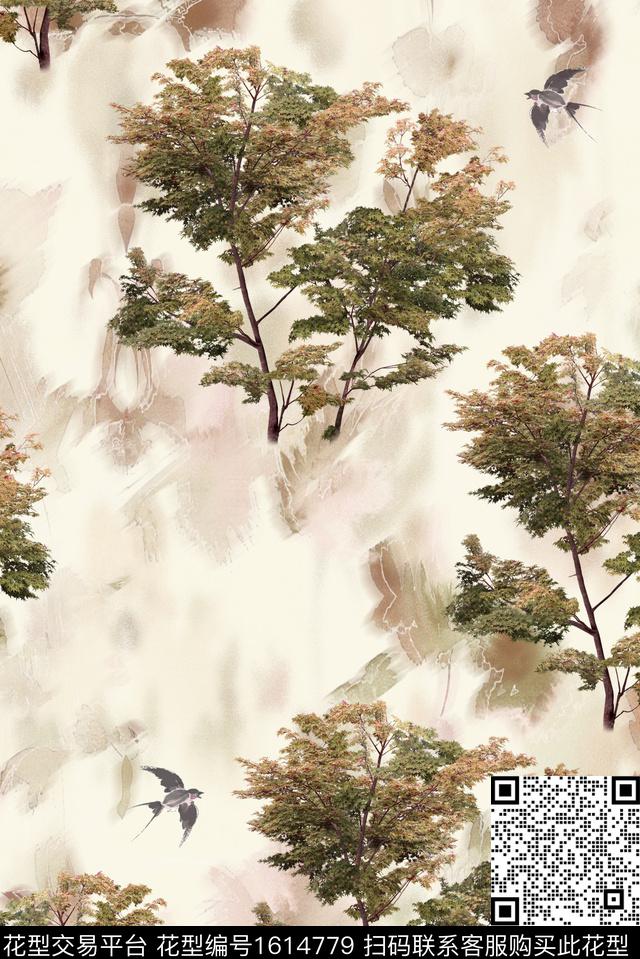 树鸟晕染底纹数码印花华亿平台下载（图片编号: 1614779） - 瓦栏（Walan）