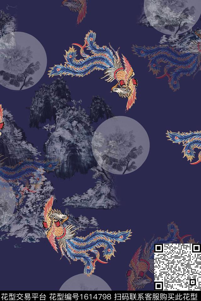 中国风凤凰山川数码印花华亿平台下载（图片编号: 1614798） - 瓦栏（Walan）