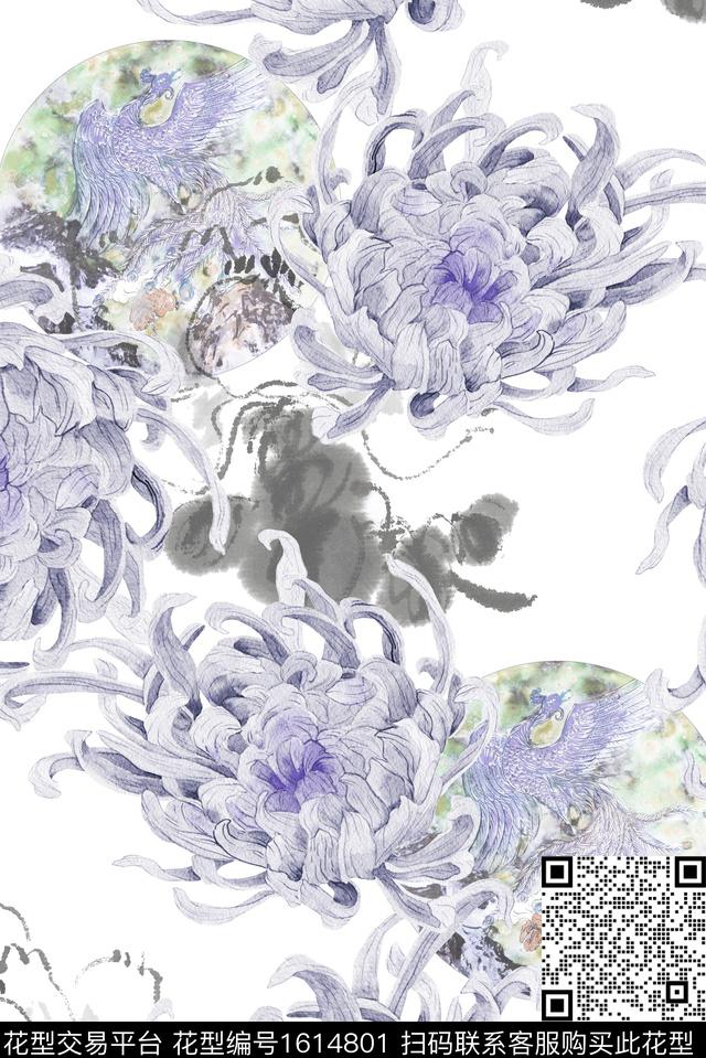 晕染肌理菊花水墨风数码印花华亿平台下载（图片编号: 1614801） - 瓦栏（Walan）