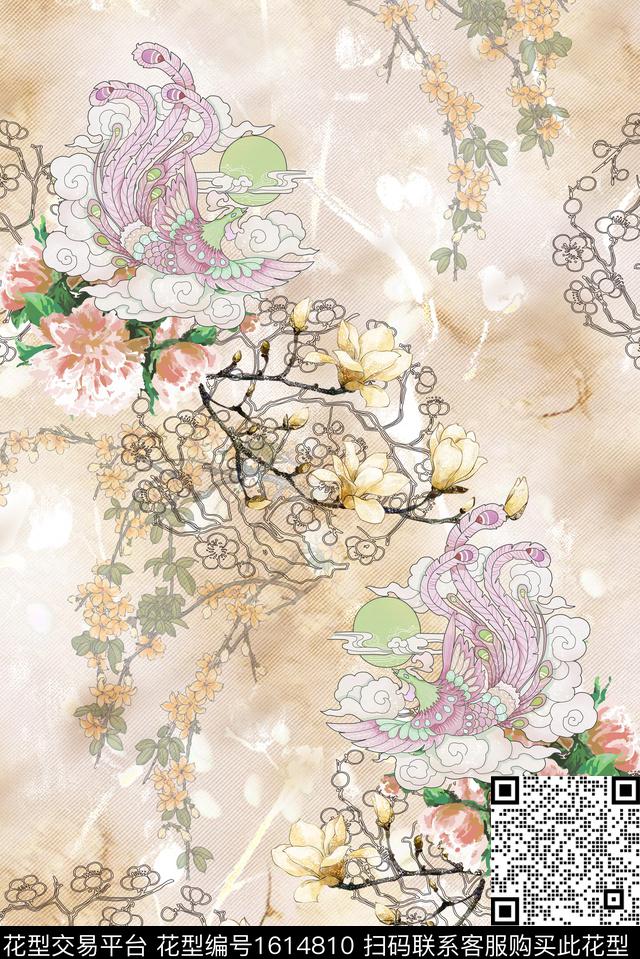 花卉中国风玉兰花数码印花华亿平台下载（图片编号: 1614810） - 瓦栏（Walan）