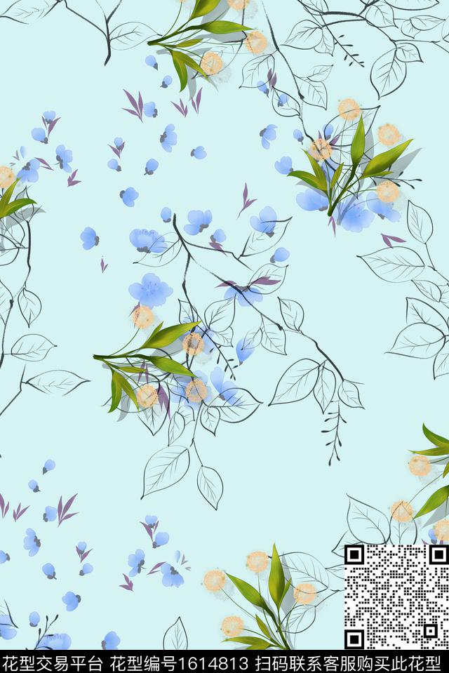 小清新小碎花线条花卉数码印花华亿平台下载（图片编号: 1614813） - 瓦栏（Walan）
