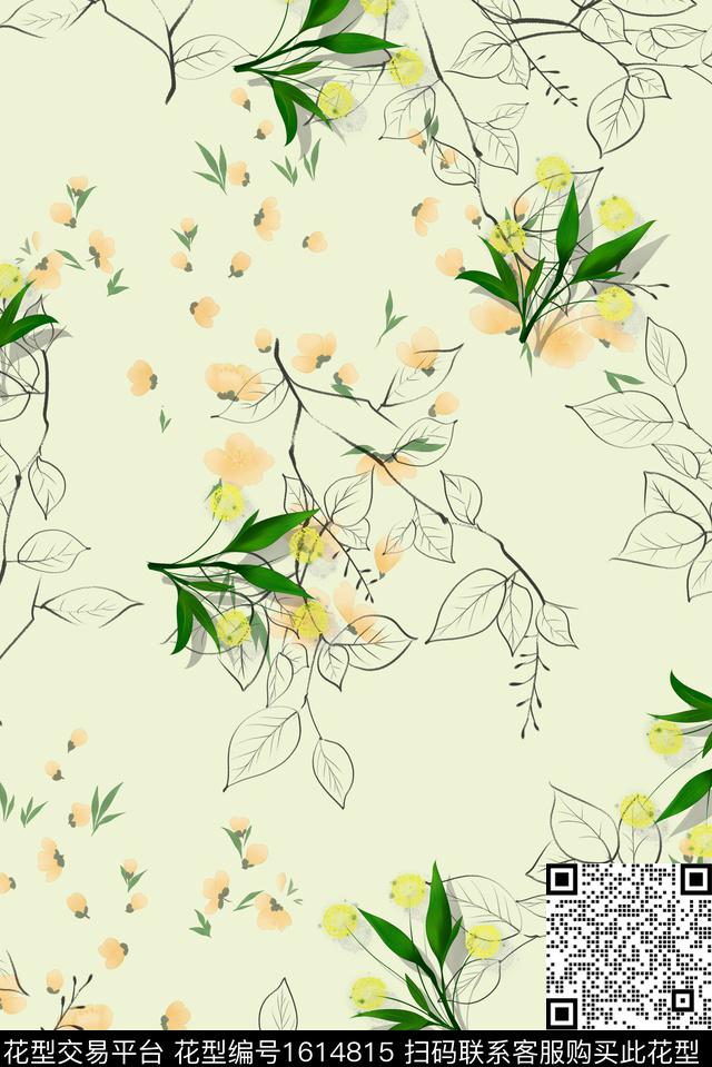 小清新线条植物花卉数码印花华亿平台下载（图片编号: 1614815） - 瓦栏（Walan）