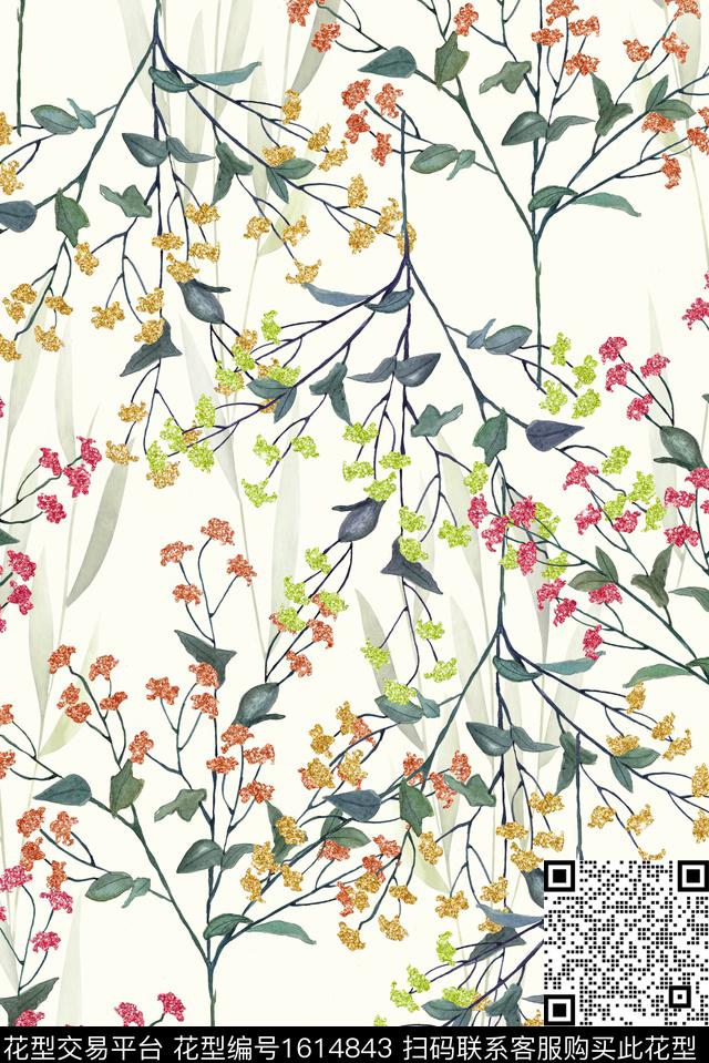 花卉枝条花水彩数码印花华亿平台下载（图片编号: 1614843） - 瓦栏（Walan）