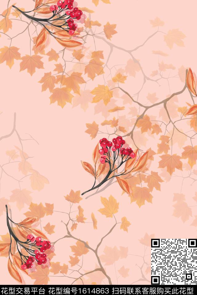 花卉枫叶影花数码印花华亿平台下载（图片编号: 1614863） - 瓦栏（Walan）
