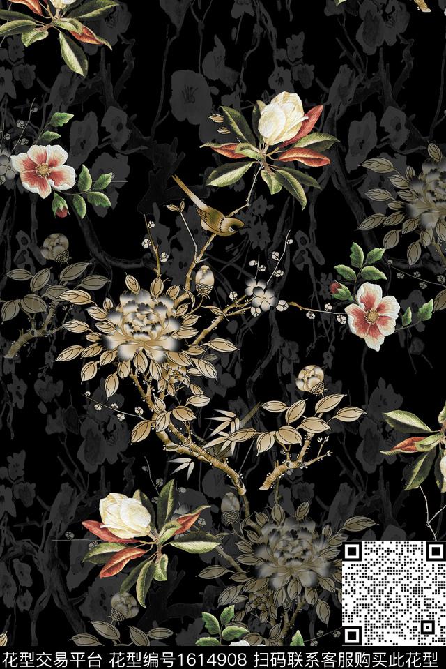 花卉黑底花卉影花数码印花华亿平台下载（图片编号: 1614908） - 瓦栏（Walan）