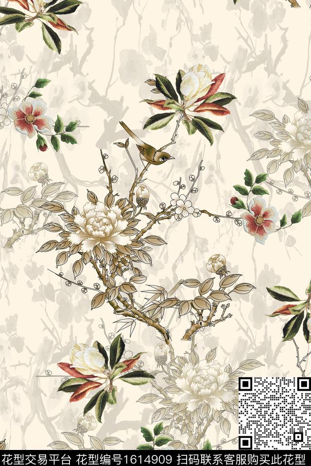 菊花古典花纹水彩花卉数码印花华亿平台下载（图片编号: 1614909） - 瓦栏（Walan）