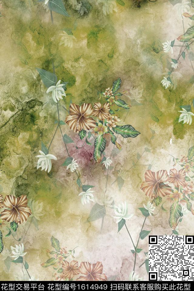 花卉晕染底纹影花数码印花华亿平台下载（图片编号: 1614949） - 瓦栏（Walan）