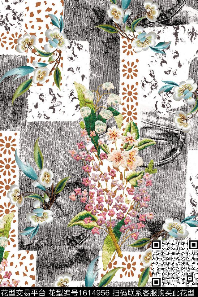 绣花华亿平台花卉混合拼接数码印花华亿平台下载（图片编号: 1614956） - 瓦栏（Walan）