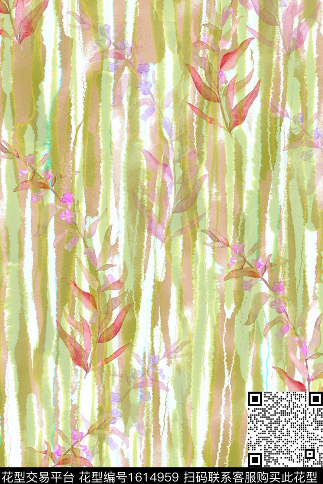 花卉水彩花卉条纹数码印花华亿平台下载（图片编号: 1614959） - 瓦栏（Walan）