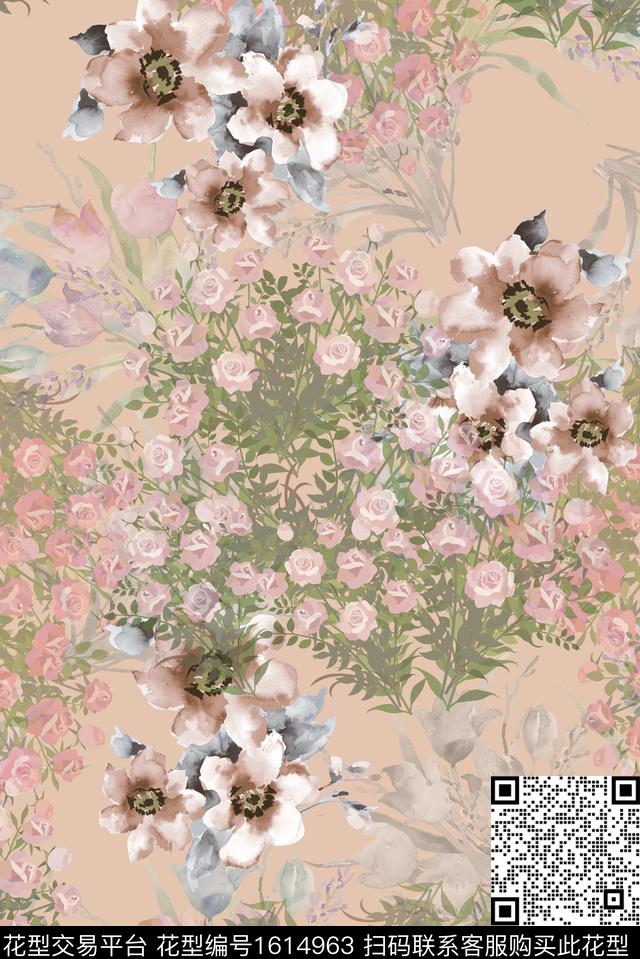 花卉绿植树叶满版散花数码印花华亿平台下载（图片编号: 1614963） - 瓦栏（Walan）