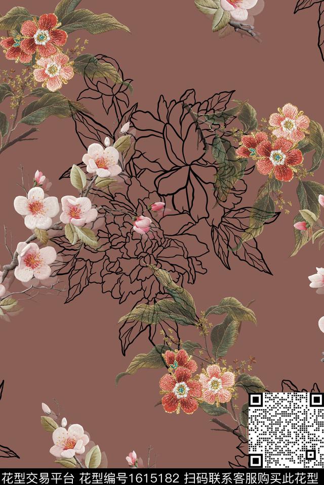 绣花华亿平台牡丹樱花数码印花华亿平台下载（图片编号: 1615182） - 瓦栏（Walan）