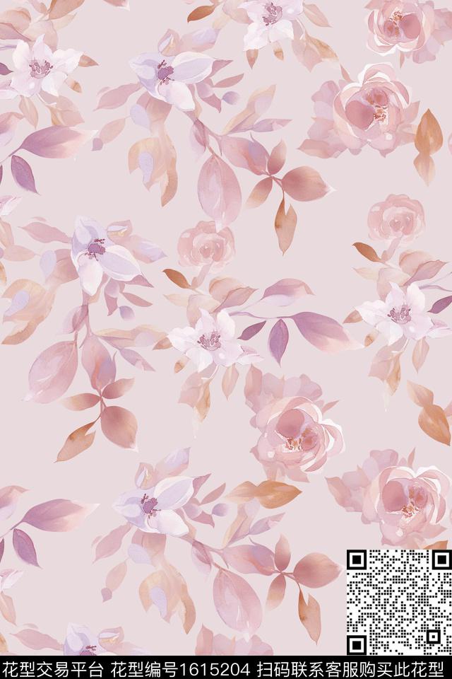 花卉水彩清爽底花卉数码印花华亿平台下载（图片编号: 1615204） - 瓦栏（Walan）