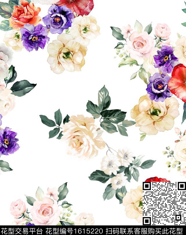水彩花卉花卉清爽底花卉数码印花华亿平台下载（图片编号: 1615220） - 瓦栏（Walan）