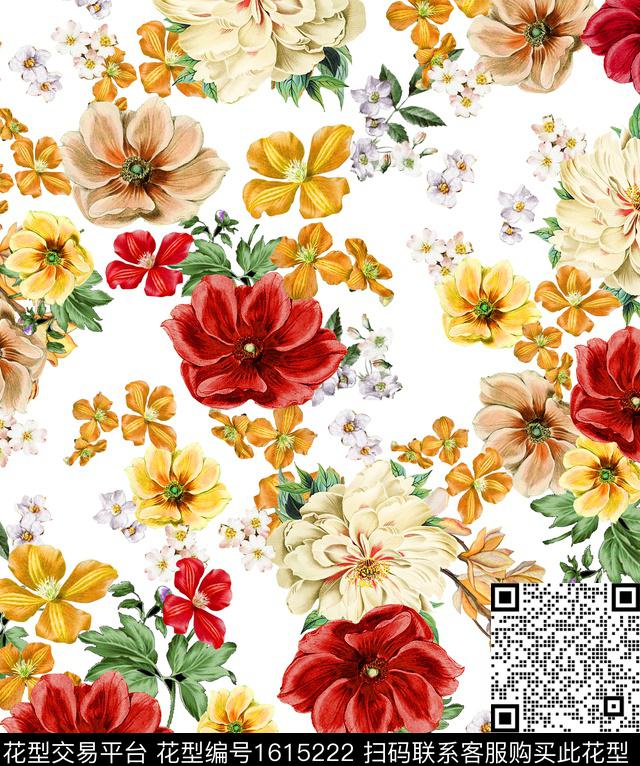 水彩花卉复古数码印花华亿平台下载（图片编号: 1615222） - 瓦栏（Walan）