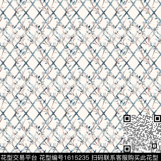 水彩格子花卉数码印花华亿平台下载（图片编号: 1615235） - 瓦栏（Walan）